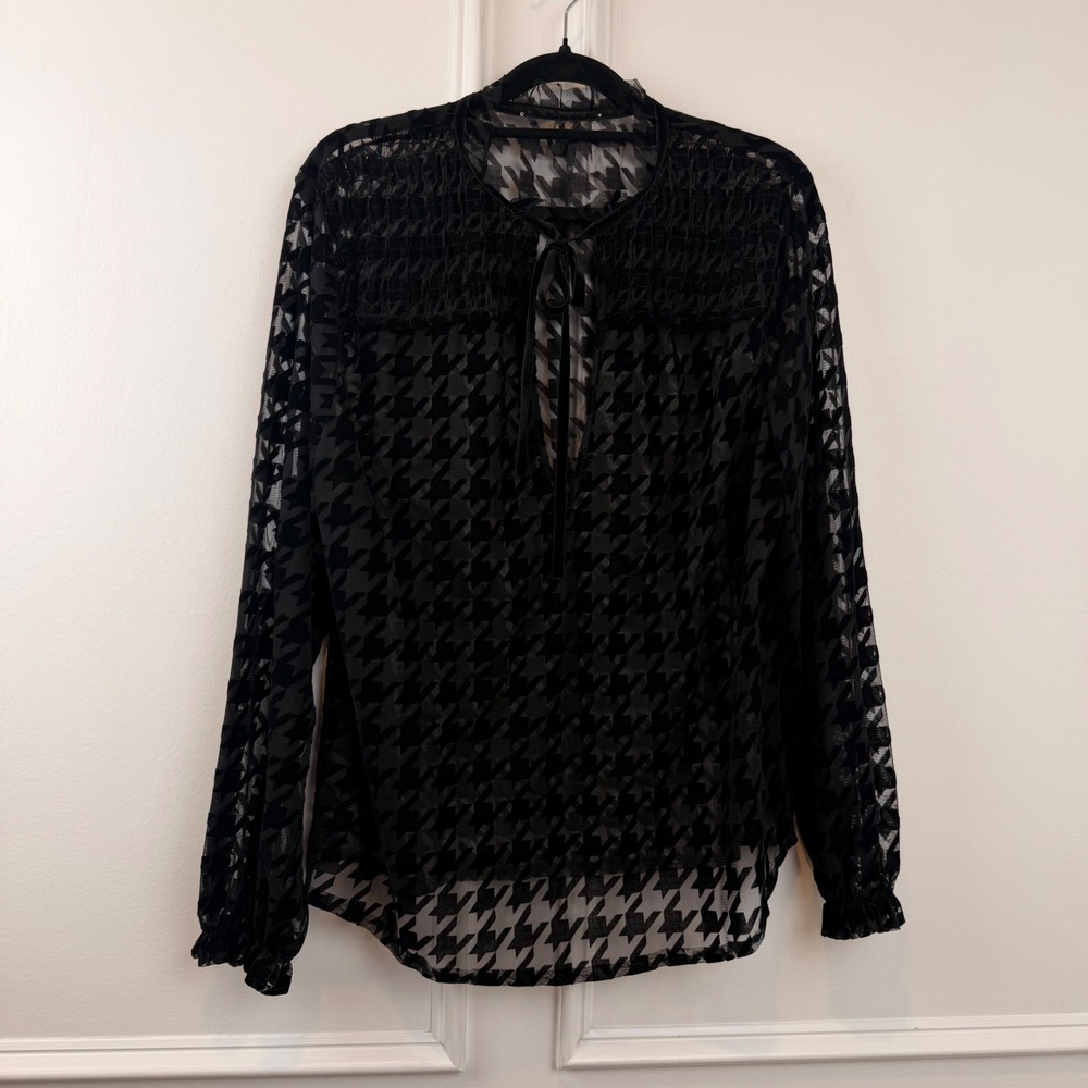 Black Velvet Houndstooth Sheer Mesh Tie Neck Smocked Blouse Top